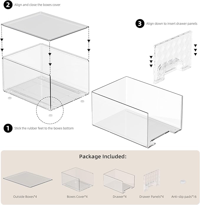 Delamu 4 Pack Stackable Storage Drawers, Makeup Skincare Holder Vanity Storage Organizer, Plastic Drawers For Vanity Desk, Undersink, Kitchen Cabinet, Pantry, Clear, Ideal Christmas Gifts for Girls