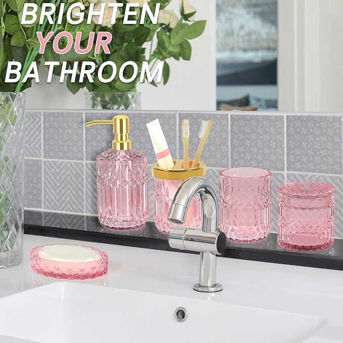 Pink Bathroom Accessories Set, 5Pcs Clear Glass Pink Bathroom Decor with Lotion Soap Dispenser, Soap Dish, Tumbler, Cotton Swab Jar, Toothbrush Holder for Bathrooms Set Modern Crystal Vintage Gift