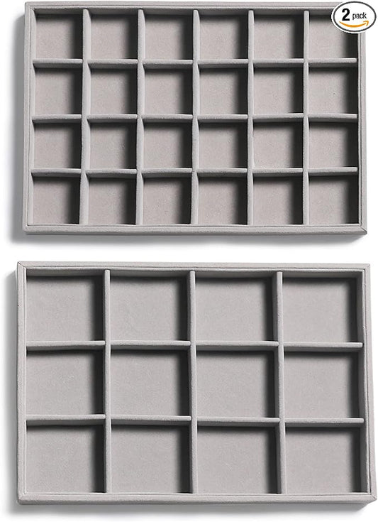 Frebeauty Stackable Velvet Jewelry Organizer Trays for Drawers Inserts Jewelry Storage Tray Display Case, Stud Earrings Bracelets Necklace Rings Trays for Women Girls(Set of 2)(Grey)