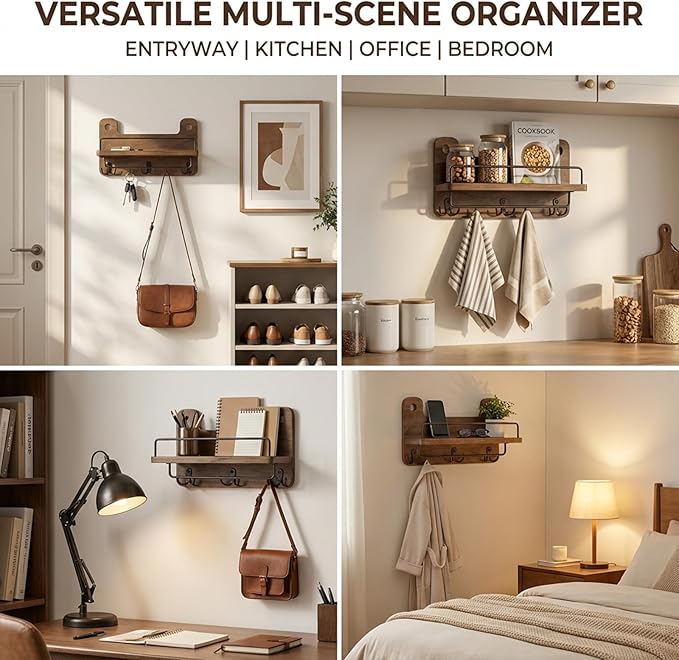 Key Holder for Wall with Shelf - 5.1" Deep Large Mail Organizer Wall Mount with 3 Heavy-Duty Dual Hooks & Safety Guardrail - Rustic Wood Wall Shelf for Entryway, Kitchen, Office