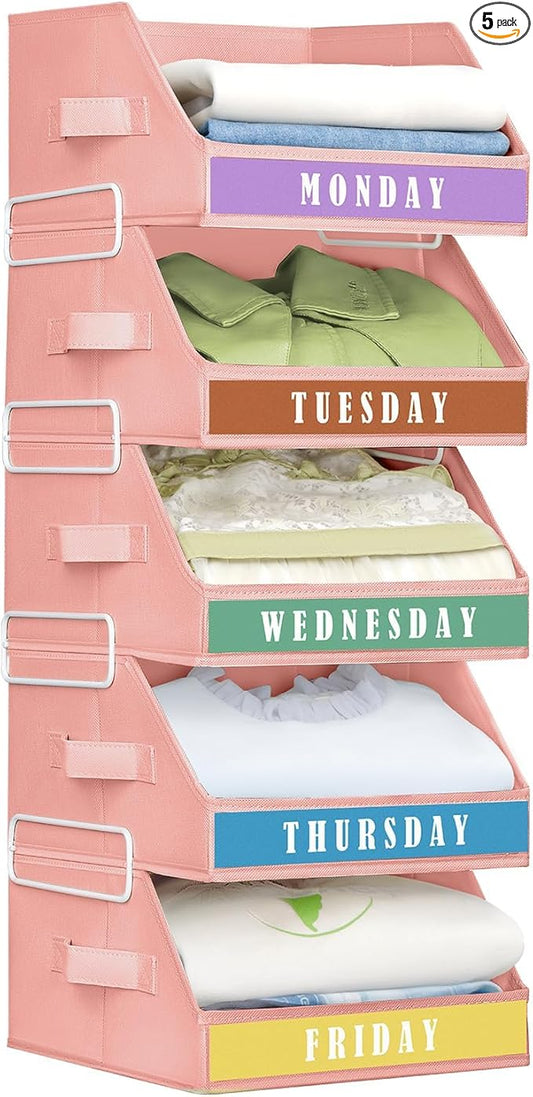 Closet Organizers and Storage - 5 Tier Shelf Organizer with Weekly Labels, Stackable Storage Bins with Metal Frame, Foldable Cube Bins, Home Baskets for Kids and Adults, Pink