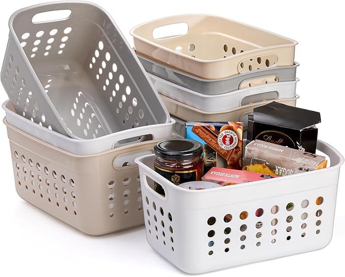 DEAYOU 9 Pack Plastic Storage Basket, Small Pantry Organizer Basket Bins, Rectangular Storage Tray Baskets Container with Handle for Shelf, Bathroom, Household, Desktop (Beige, White, Gray)