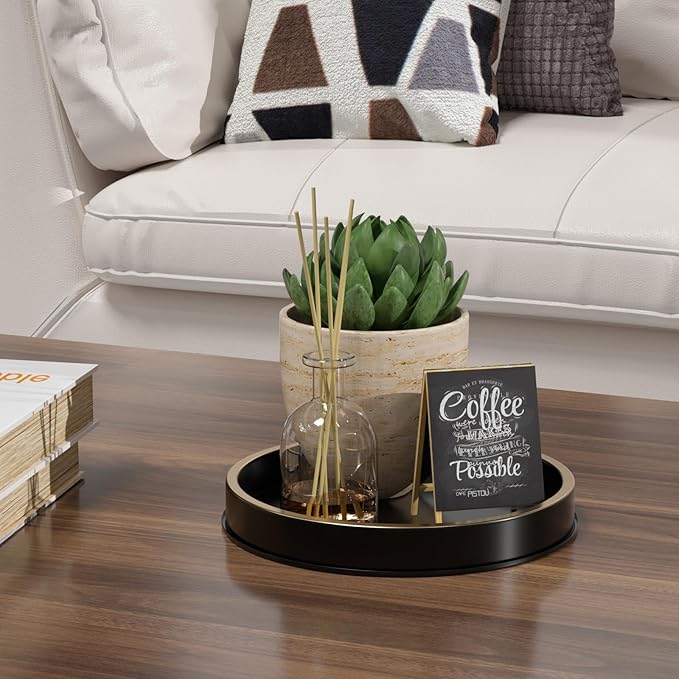 HGF Round Serving Tray, Black Brushed Gold, 9 Inch Metal Trays for Napkin Holder Condiment Spice Organizer, Decorative Tray for Coffee Table Kitchen Decor