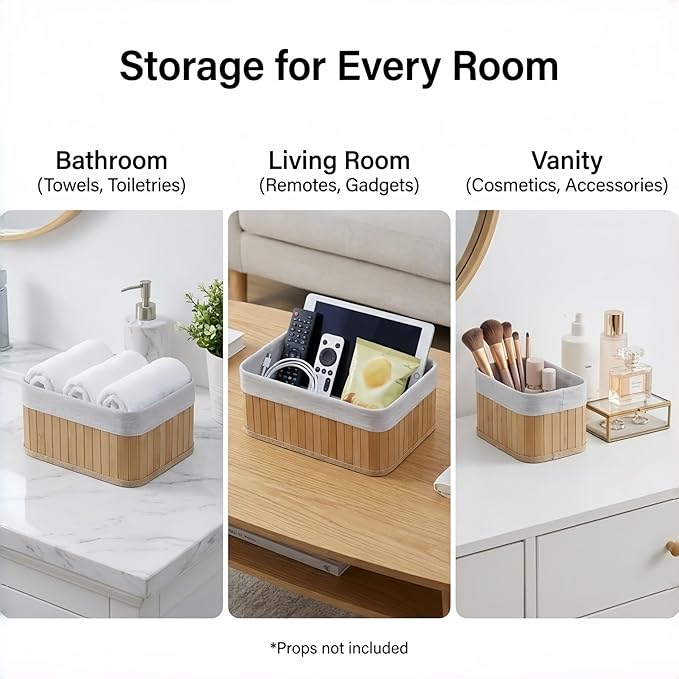 Pwryon Deosur 4-Pack Bamboo Storage Baskets with Removable Washable Liners – Natural Woven Organizers for Closet, Bathroom, Bedroom & Pantry
