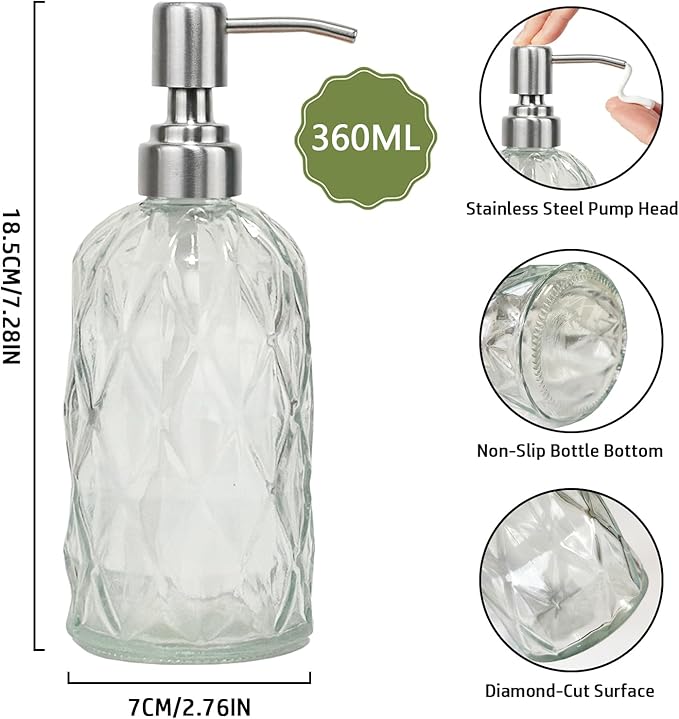 12Oz Clear Glass Soap Dispenser with Stainless Steel Pump, Diamond Design Refillable Kitchen Liquid Hand Soap Dispenser, for Dispense Hand soap, Dish Soap, Lotion, Bathroom, Countertop, Hotel
