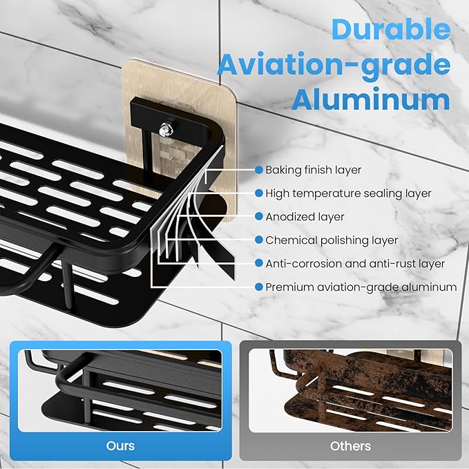 2-Pack Adhesive Shower Caddy – Rustproof Aluminum Black Shower Shelves with Towel Bars & Hooks, No Drill Bathroom Organizers and Storage, Anti-Tip Shower Organizer for Inside Shower