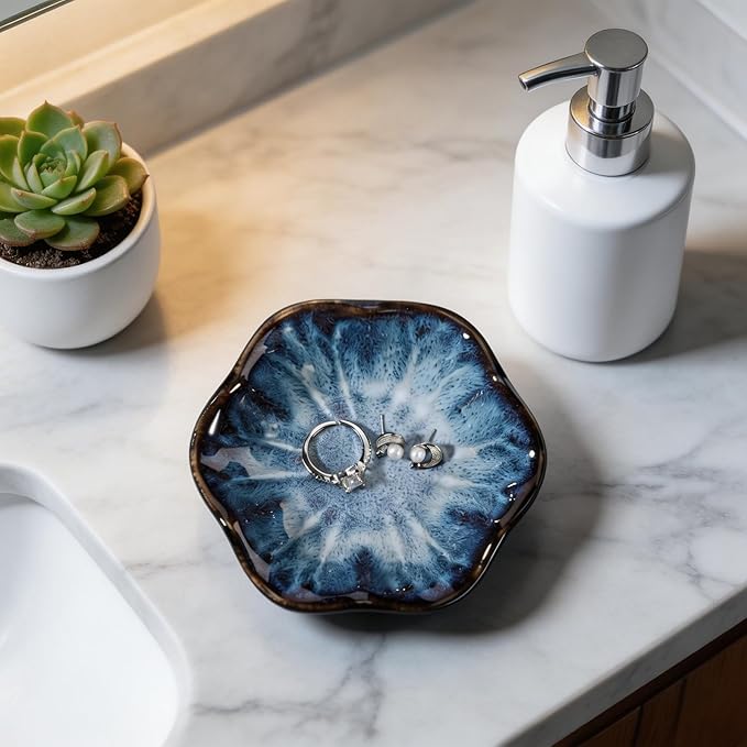 Blue Lotus Leaf Shape Ring Jewelry Dish Holder,Small Trinket Jewelry Tray,Decorative Jewelry Plate Bowl,Key Bowl,Birthday Engegament Gifts for Women Friends,Ceramic
