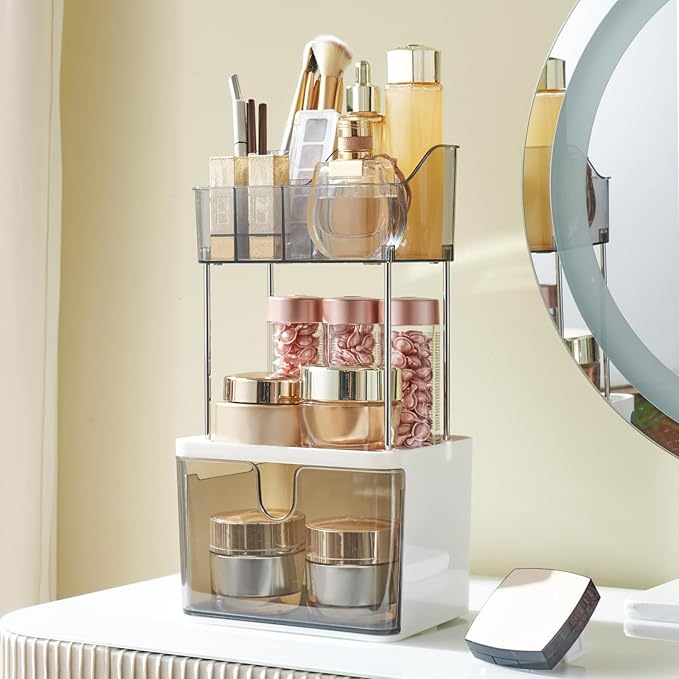 FORUP Makeup Organizer for Vanity, 2-Tier 1-Drawer Bathroom Counter Organizer, Multi-Purpose Vanity Organizer, Skincare Perfume Organizers for Vanity Bathroom Countertop, Grey