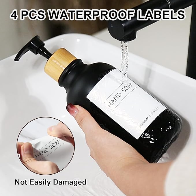Hand and Dish Soap Dispenser Set, Plastic Kitchen Soap Dispenser Set with Bamboo Tray, 17 Fl Oz Black Soap and Lotion Dispensers Sets with 4 Pack Labels for Kitchen & Bathroom Countertop