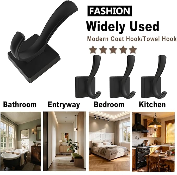 Black Wall Hooks Coat Hook, Towel Hooks Robe Hook for Bathroom, Entryway Mudroom Hooks for Hanging Coat Key Hat Backpack (8 Pack, Black)