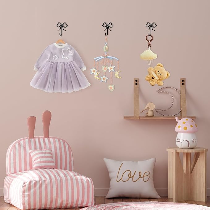 4 PCS Large Size Black Bow Wall Hook, Black Coat Hook, Metal Hooks, Bow Room Decor Hooks for Coats, Coffee Mugs, Hats, Bags, Bath Towels and Room Decorations