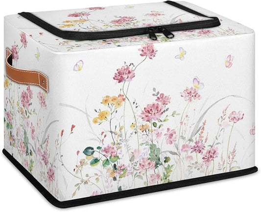 Boho Floral Flowers Storage Basket - Rectangular Decorative Box Collapsible Organizer with Zipper Lid, Watercolor Butterfly Bin with Handles for Girl Woman Her Bedroom, 24L