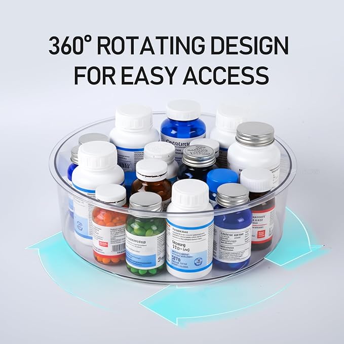 Medicine Bottle Organizer, Rotating Medicine Organizer for Cabinet, 9" Diameter, Transparent Rotary Turntable Organizer for Empty Pill Bottles Medication Supplements Vitamins