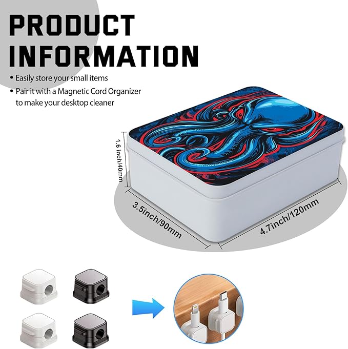 Metal Tin Box with Lid,Multi-functional Storage Box Can Store Tea Biscuits Game Cards, Playing & Tarot Cards-Comes with 4 Magnetic Cord Clips,Blue Cthulhu Skull
