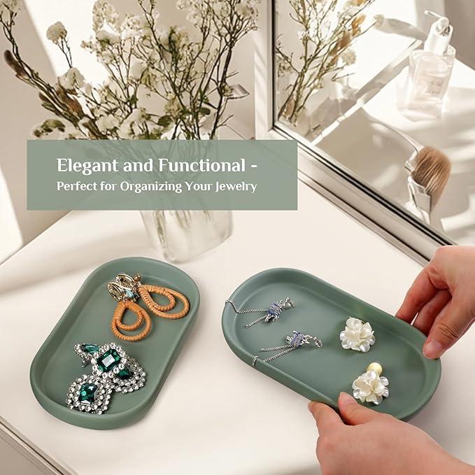Ceramic Jewelry Tray â Oval Vanity Dish for Rings, Earrings, Bracelets â Minimalist Decorative Trinket Holder for Dresser, Bathroom, Nightstand â Matte Green