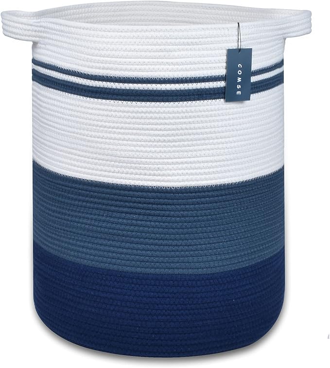 COMSE Extra Large Blanket Basket, Tall Laundry Basket, Nursery Hamper, 15.7âx 21.7â, Cotton Rope Woven Laundry Hamper for Storage Toys Clothes Towels, Gradient Blue