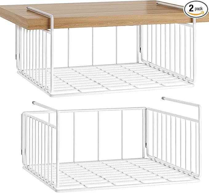 SUFAUY Under Shelf Basket Storage, 2-Pack Under Cabinet Hanging Wire Organizer for Pantry Kitchen, 11.6“D x 12.6" W x 5.8”H, White