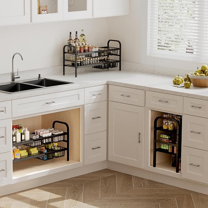Under Sink Organizers and Storage,Detachable Panels and Baskets,Under Sink Storage,Adjustable 2 Tier Under Kitchen Sink Organizer (5 partitions)