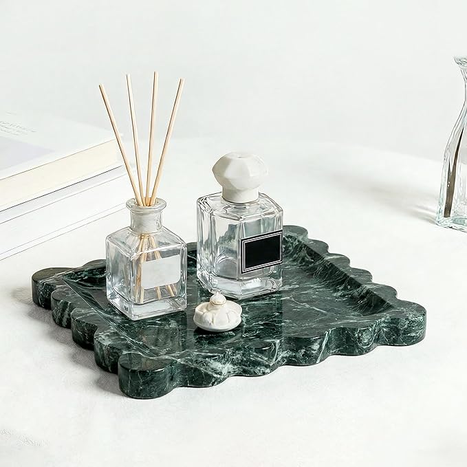 Elegant Square Marble Decorative Tray with Scalloped Edge Natural Stone Vanity Tray Organizer for Counter, Vanity, Dresser, Nightstand, Bathroom & Kitchen Sink(Verde Alpi Green)