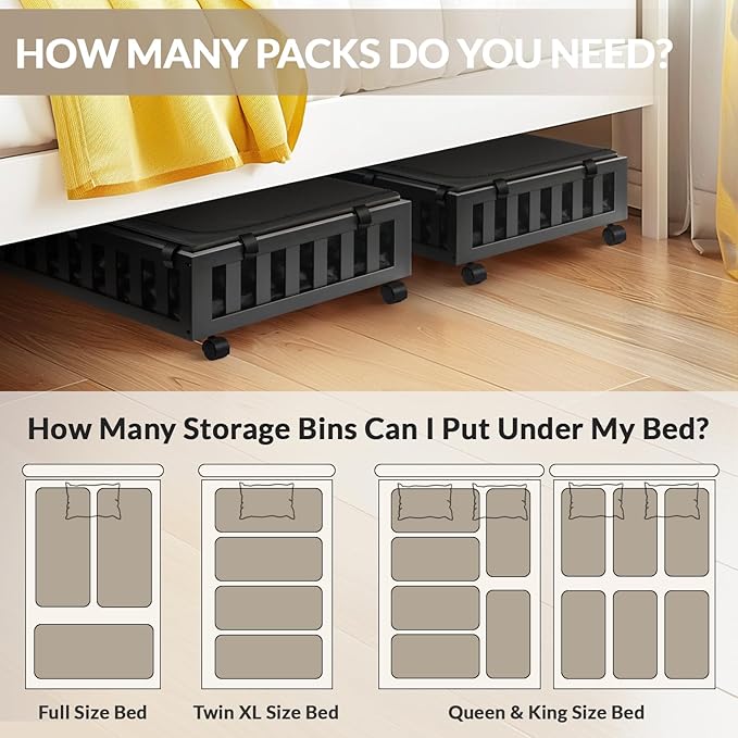 2 Pack Bamboo Under Bed Storage with Wheels, 39âx20âx7.8â Lager Under Bed Storage Containers (Black)