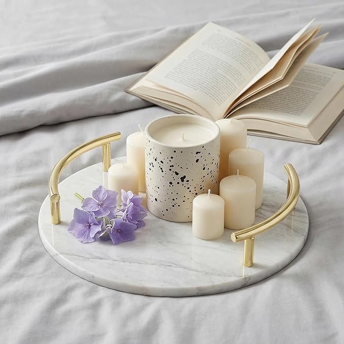 TOPZEA 10 Inch Marble Tray with Gold Handles, Round Vanity Organizer for Perfume, Jewelry, Trinket, Spa Supplies, Bathroom Countertop, Dresser Nightstand Display Tray Decor
