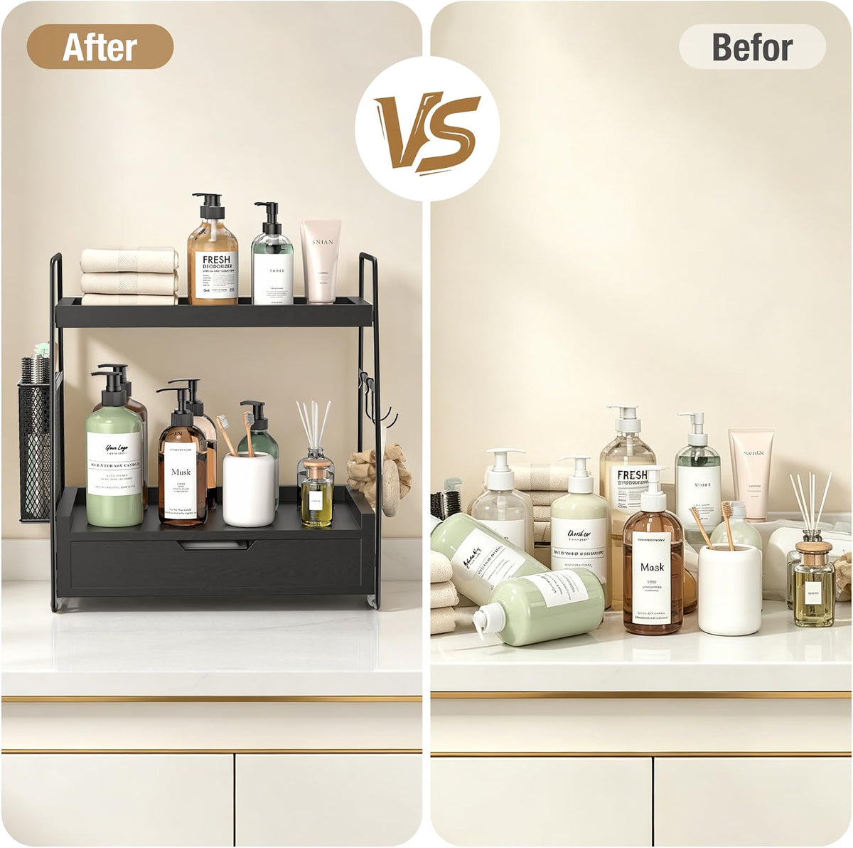 2-Tier Bathroom Counter Organizer with Drawer, Wood Counter Storage Shelf