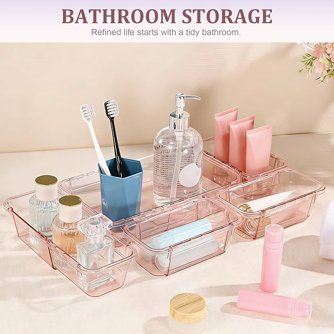20 Pcs Adjustable Clear Drawer Organizer, All Extendable Vanity Storage Bins, Desk Drawer Organizer Set for Makeup, Cosmetics, Bedroom, and Gadgets, Pink
