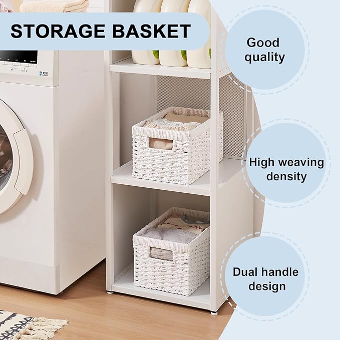 OIAHOMY Wicker Baskets, Paper Rope Storage Baskets for Organizing with Built-in Handles, 2 Packs-White