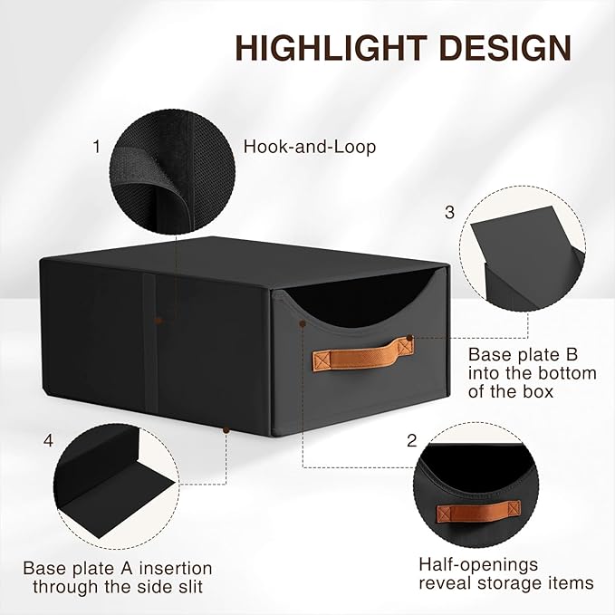 Stackable Storage Drawers - Large Collapsible Storage Bins with Drawers, 6 Pack Closet Shelf Organizer Basket, Fabric Pull Out Organizer for Bedroom, Living Room, Dorm, Black