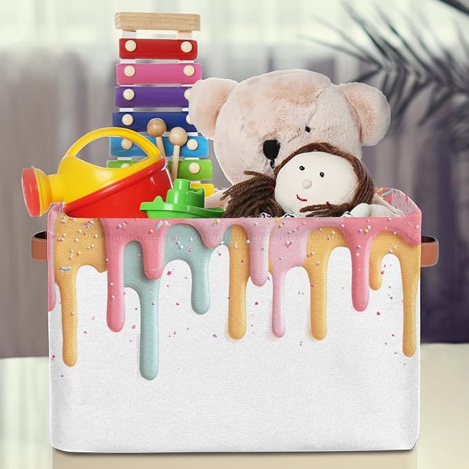 Cute Storage Bins for Organization, Canvas Book Storage Bins Handles, Bedroom Shelves Decorative Baskets for Organizing, Fabric Cube Bin Classroom Dorm Closet Organizer Box (Ice Cream)