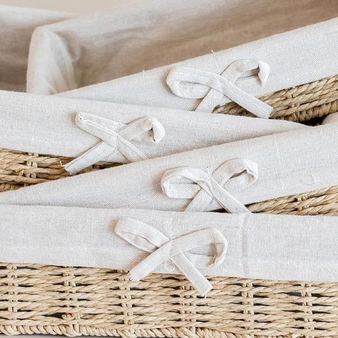 Set of 4 Wicker Baskets for Organizing – Khaki Paper Rope, Fabric Lined Shallow Shelf Storage Bins, Handwoven Rectangular Pantry & Closet Organizer Baskets