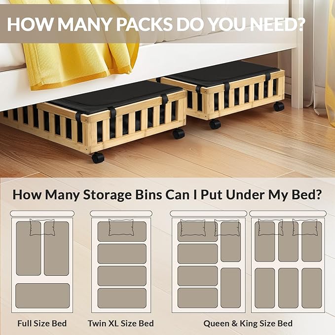 2 Pack Bamboo Under Bed Storage with Wheels, 39âx20âx7.8â Lager Under Bed Storage Containers (Natural)
