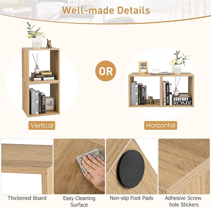 Giantex 2 Cube Bookshelf Organizer, 2-Tier 15'' Tall Open Shelving with Anti-toppling Device, Cube Storage Organizer, Record Player Stand, Wood Bookshelf for Living Room, Bedroom, Kids Room