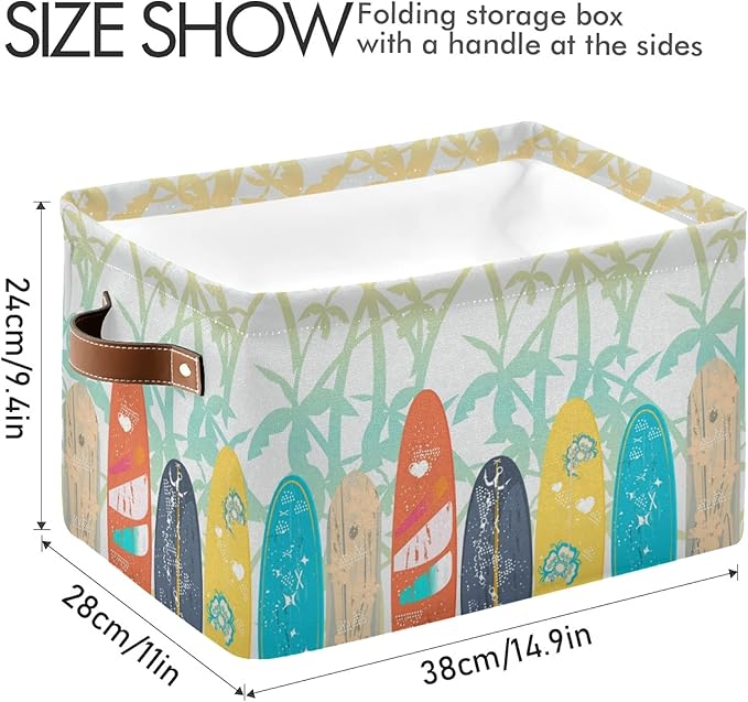 susiyo Large Foldable Storage Bin Palm Trees Surf Boards Fabric Storage Baskets Collapsible Decorative Baskets Organizing Basket Bin with PU Handles for Shelves Home Closet Bedroom Living Room-1Pack