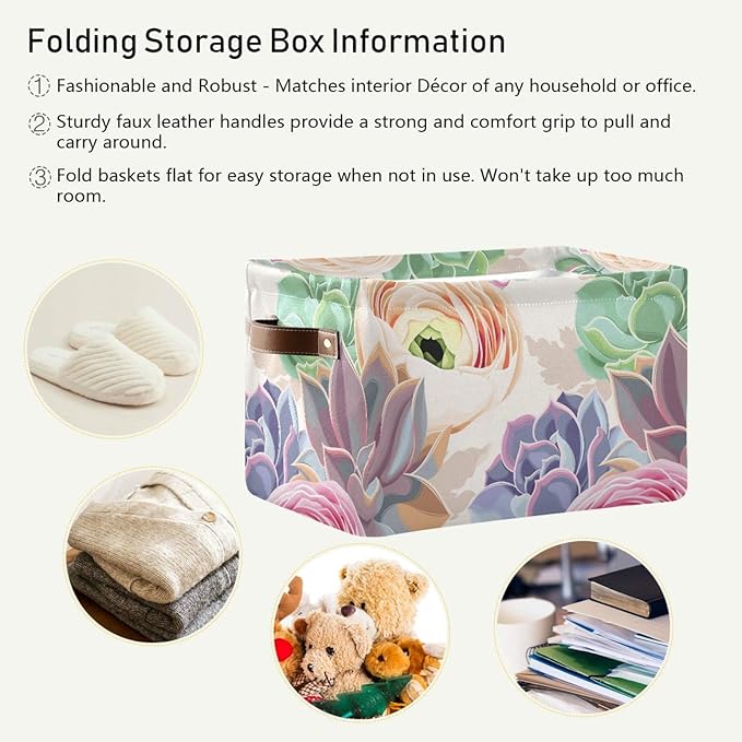 susiyo Large Foldable Storage Bin Succulent Flowers Cactus Fabric Storage Baskets Collapsible Decorative Baskets Organizing Basket Bin with PU Handles for Shelves Home Closet Bedroom Living Room-1Pack