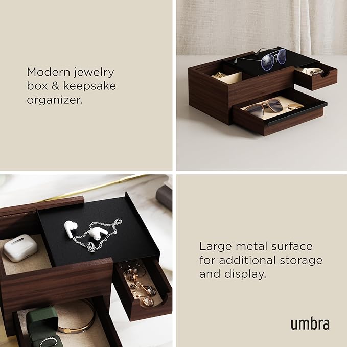 Umbra Stowit Jewelry Box - Modern Keepsake Storage Organizer with Hidden Compartment Drawers for Ring, Bracelet, Watch, Necklace, Earrings, and Accessories, Black/Walnut