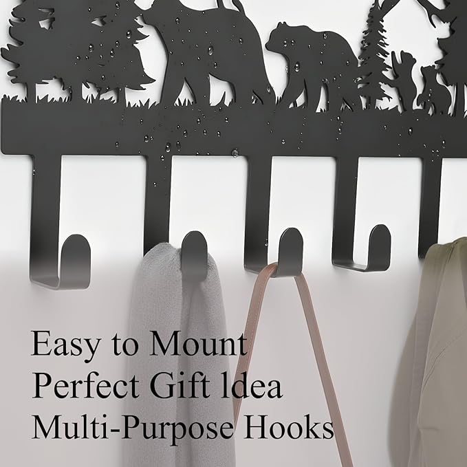 Metal Black Coat Hooks Wall Mount and Coat Rack Hanger for Hanging and Storage Ideal for Living Room, Hallway, Office, Backpack, Bags, Towel, Clothes and Hat (Bear)