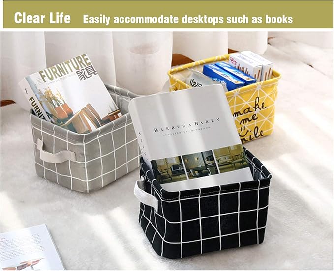 AARAINBOW 3 Packs Storage Basket Bins Canvas Mini Storage Cubes Storage Basket for Makeup, Toys Liners, Books Storage Baskets with Handles for Shelves & Desks(3 Black)