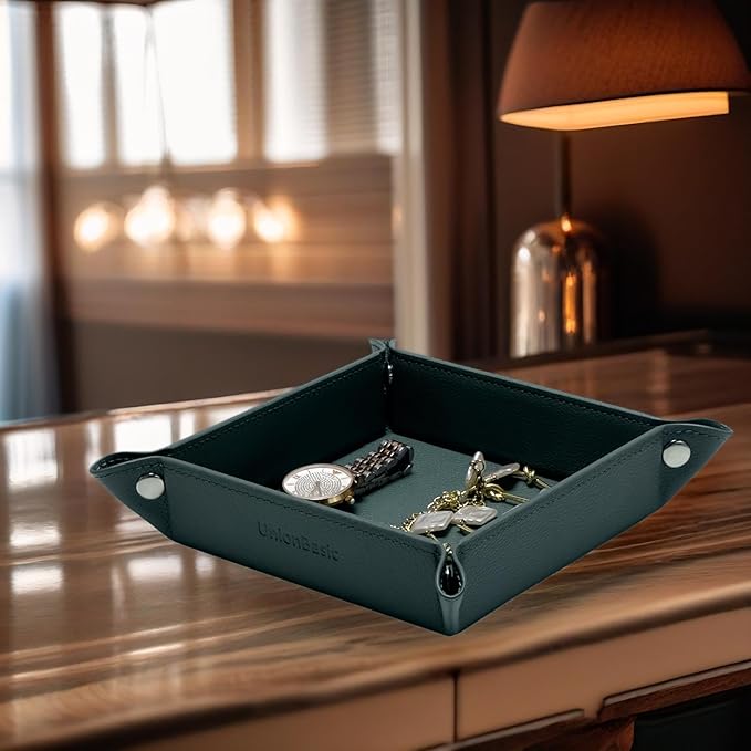 UnionBasic Small Valet Tray, Jewelry Tray for Rings Watches Earrings, Entryway Catchall Caddy for Coins Keys Change, Nightstand Bedside Valet Holder, Trays for Electronic Gadgets, Lychee Dark Ivy