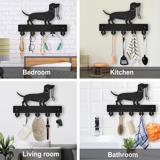 MAYJOYDIY Wood Coat Rack 11.8x8inch Pet Animal Key Holder Hooks Wall Key Rack with 5 Alloy Hooks Dog Leash Holder Wall Art Decor for Dog Lover Gift Entryway Farmhouse Porch
