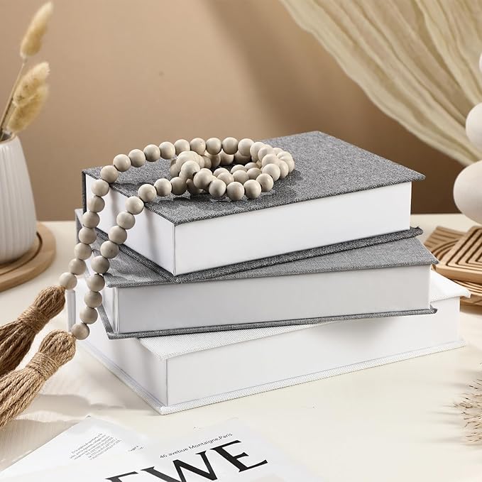 Tioncy 3 Pcs Fake Book Box Neutral Linen Book Box Decorative Faux Prop Storage for Farmhouse Home Decor shelf Table Card Photo DIY Keepsake Gift(Multi Sizes,Gray Tone)