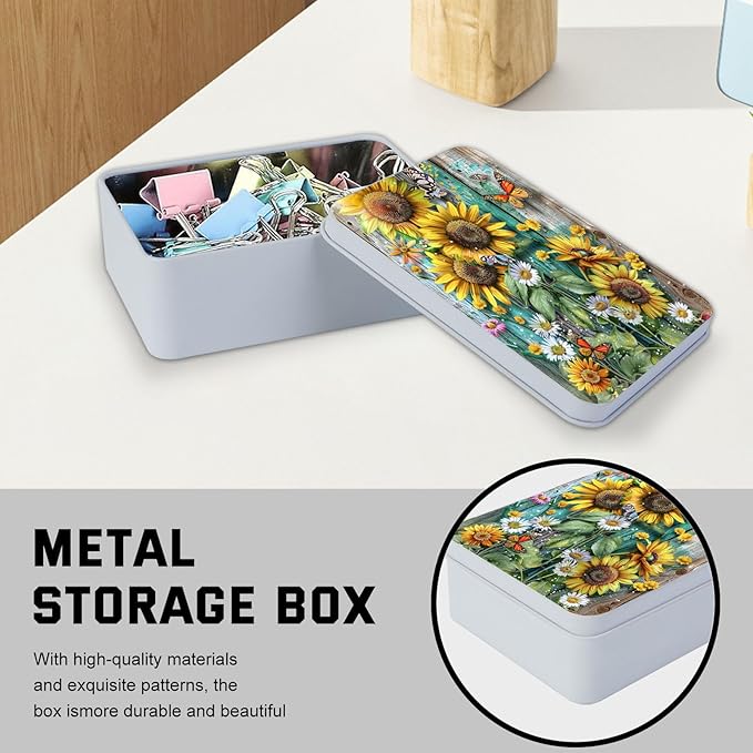 Metal Tin Box with Lid,Multi-functional Storage Large Box Can Store Tea Biscuits Game Cards, Playing & Tarot Cards-Comes with 4 Magnetic Cord Clips,Sunflowers Daisies and Butterflies