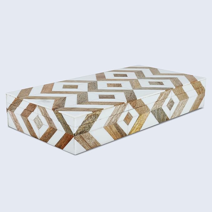 Handicrafts Home White Decorative Box with Lid– Marquet Resin Inlay & Wood Decorative Boxes for Home Decor, Decor, Storage Box for Jewellery & Keys White Brown Neutral Decorative Storage Box- 12x6x2
