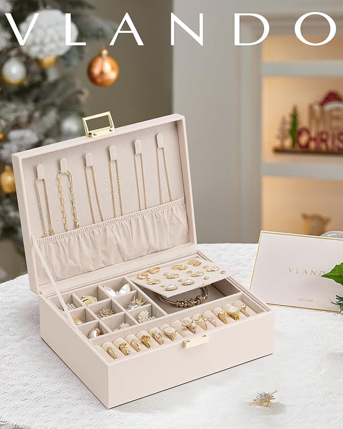 Vlando 2 Layer Jewelry Box Large Jewelry Organizer for Women Removable Jewelery Tray for Necklace Earrings Rings Bracelets Christmas Gifts for Mom Wife (Light Pink)