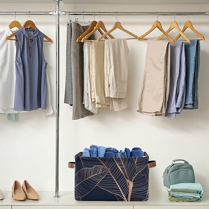 susiyo Gold Palm Leaves Navy Blue Closet Storage Bins with PU Handles, Foldable Fabric Storage Baskets for Shelves, Decorative Baskets Clothes Storage Baskets for Organizing-2Pack
