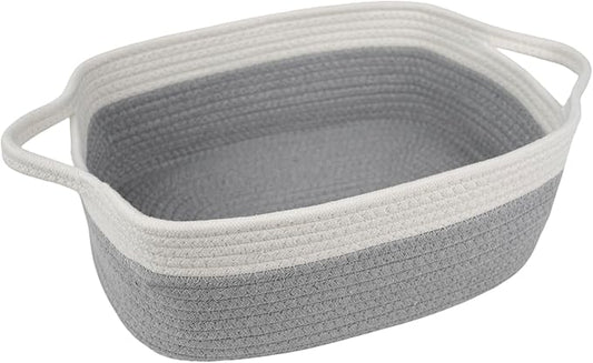 BOMINICA Cotton Rope Storage Basket with Handles, Natural Woven Basket, Decorative Rectangle Organizer Bin for Home, Nursery, Montessori, Pet Toy Storage and Bathroom Organization, Grey&White