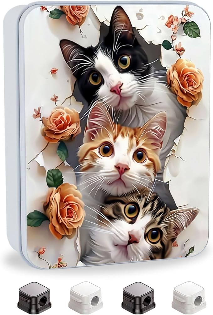 Metal Tin Box with Lid for Game Cards Home Organizer Candles Keys Crafts Storage - Equipped with 4 Magnetic Cord Clips，Cute Cats and Roses
