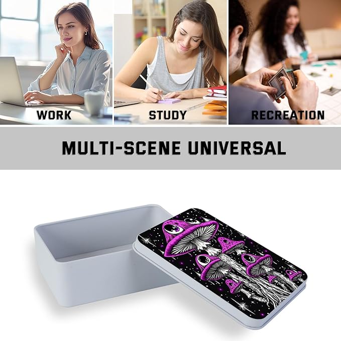 Metal Tin Box with Lid,Multi-functional Storage Box Can Store Tea Biscuits Game Cards, Playing & Tarot Cards-Comes with 4 Magnetic Cord Clips,Psychedelic Purple Mushrooms