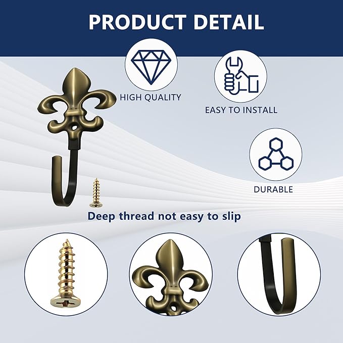 Wall Hooks, 4 Pack Decorative French Fleur De Lis Metal Hooks for Coat, Towel, Curtain Tie Back, Robe, Bag, Heavy Duty Gold Bronze Finish for Bathroom, Bedroom, Entryway(Bronze)