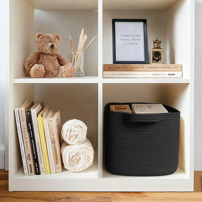 Black Woven Storage Basket - 15"x9"x11" Cotton Rope Basket for Organizing Shoes, Toys, Books, Towels, Rectangular Decorative Dog Toy Bin Box, Wicker Storage Bin for Entryway, Shelf, Gift Use